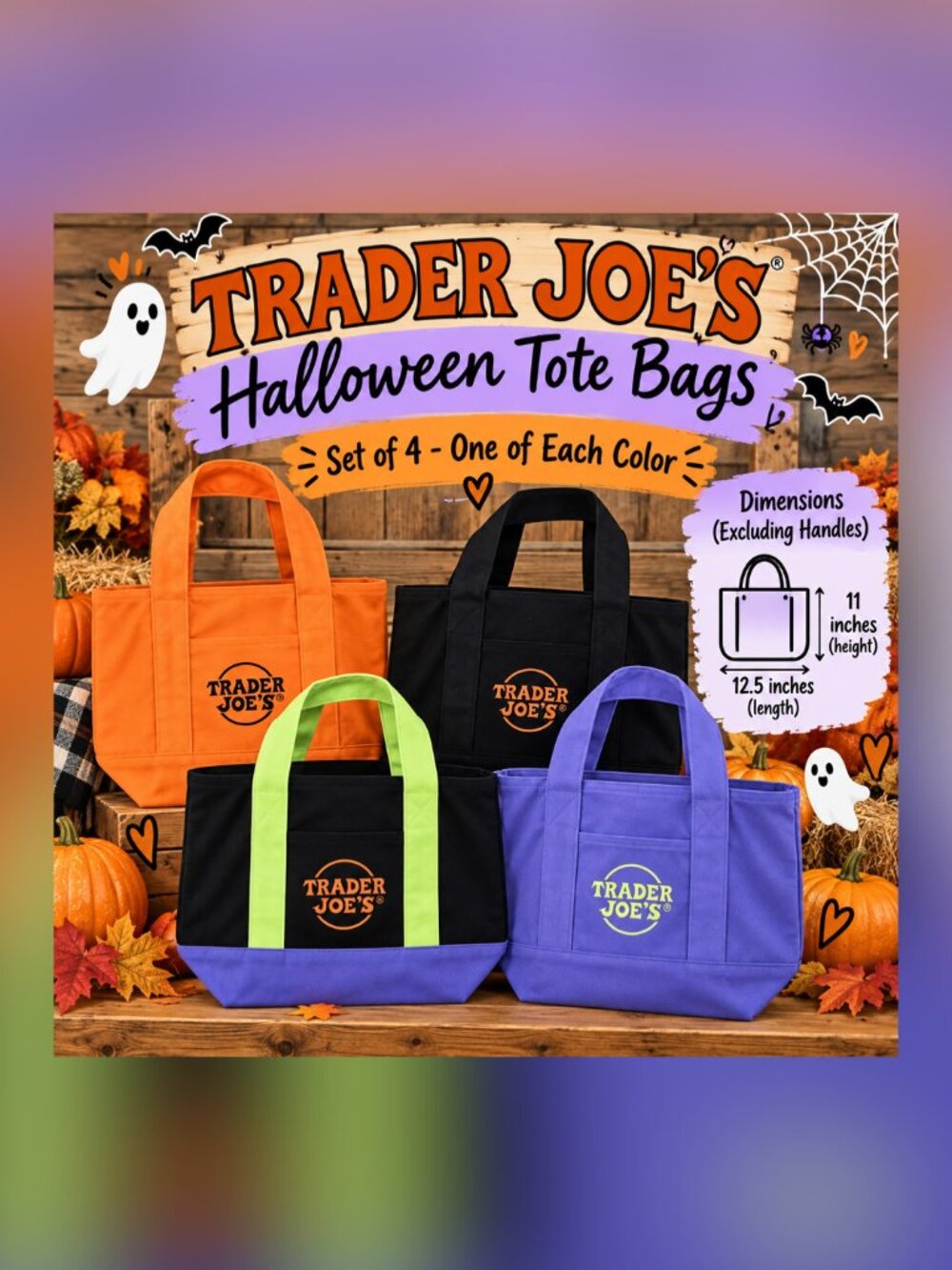 Trader Joe’s Halloween Mini Canvas Tote Bags Set of 4 🎃 NEW